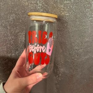Fries before guys 16oz glass cup with lid & straw